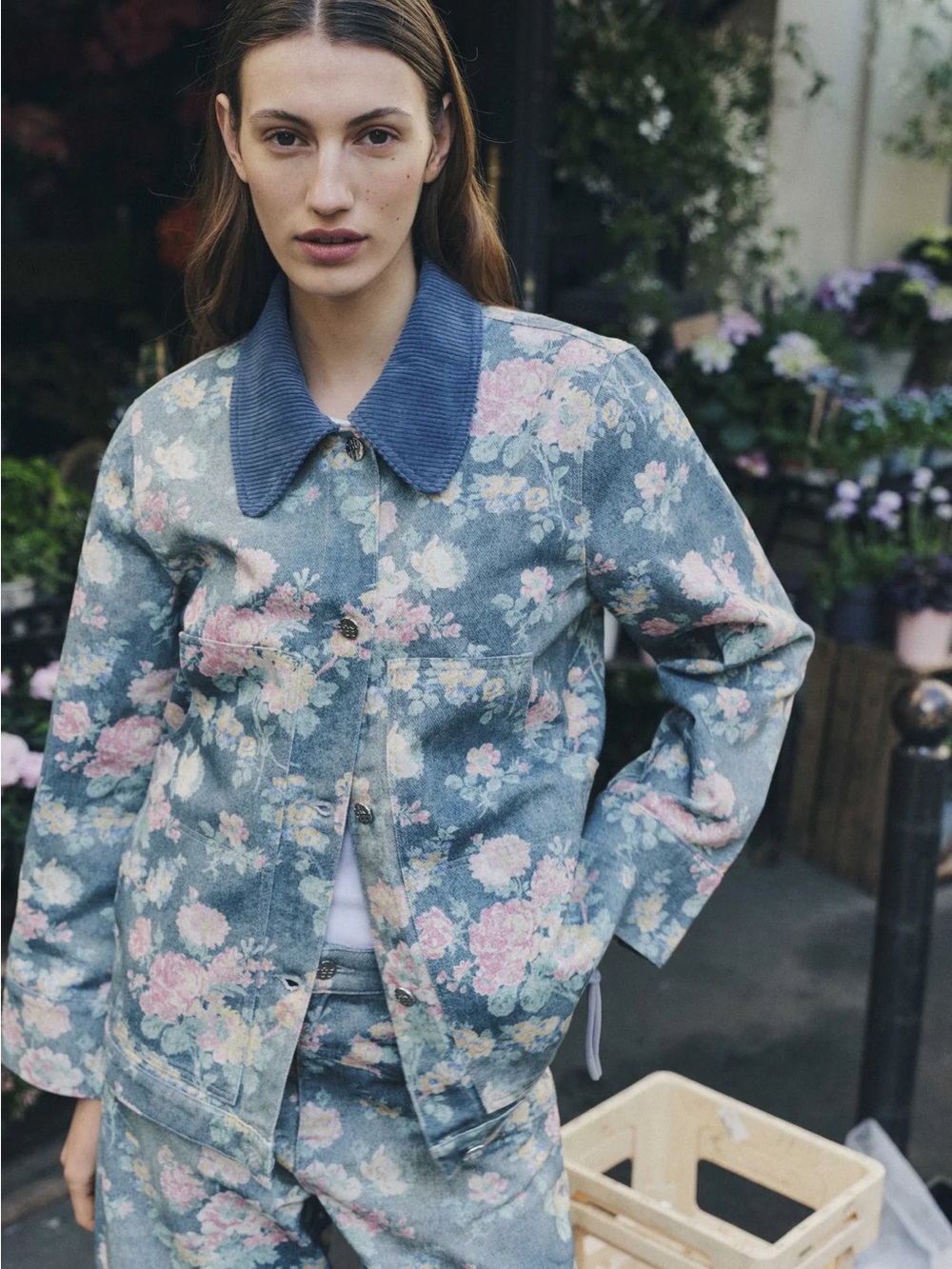 NWT Floral Print Denim Jacket with Contrasting Corduroy Collar - Blue/Pink